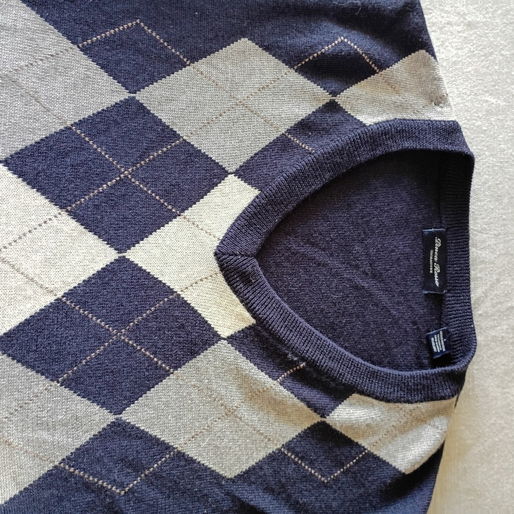 Linea Rosso Italian Merino Wool Argyle V-Neck Sweater Navy Blue Mens Large